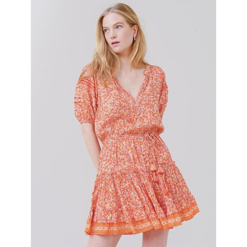 Poupette St Barth Bona Mini Dress Boho Resort Short Puff Sleeve Orange Lemon L
